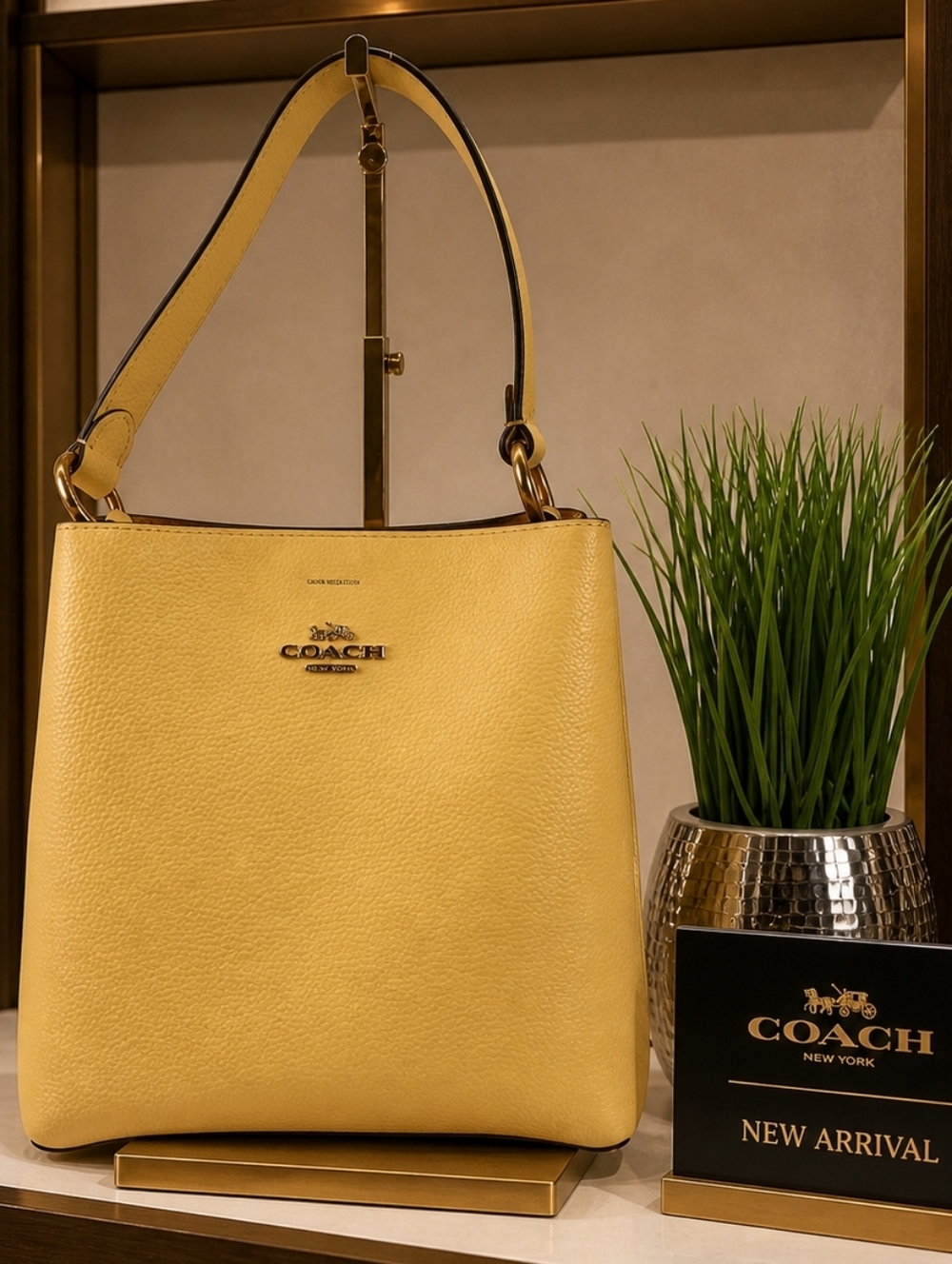 Coach Yellow Bucket Pebbled Leather Hand Bag